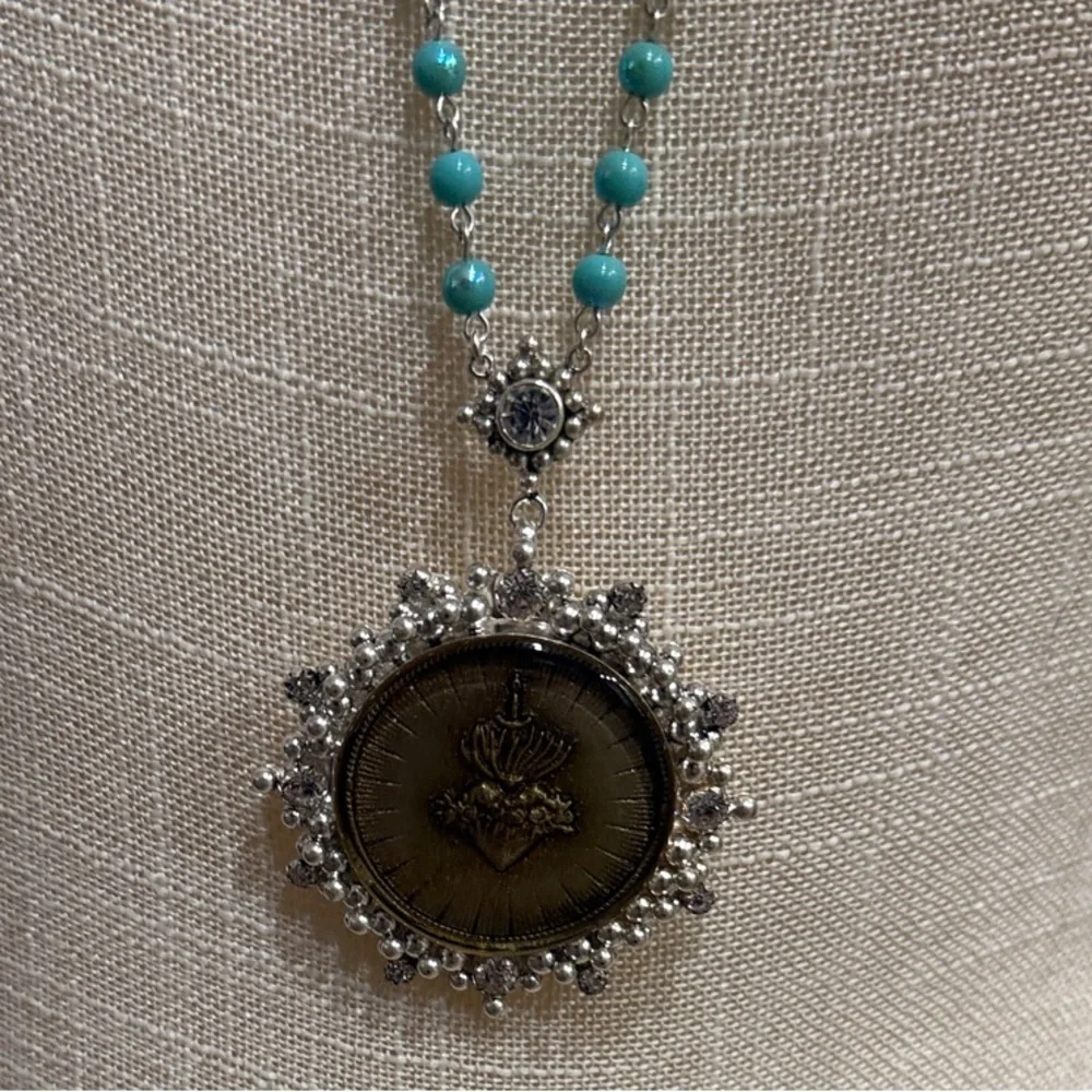 VSA CLOISTER SACRED HEART NECKLACE 4MM TURQUOISE BEADS - NWT - Picture 9 of 12